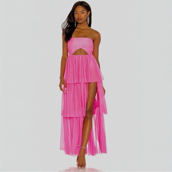 For Love & Lemons Juni Strapless Maxi Dress‎ Medium Dark Pink Tiered Skirt - Picture 1 of 12